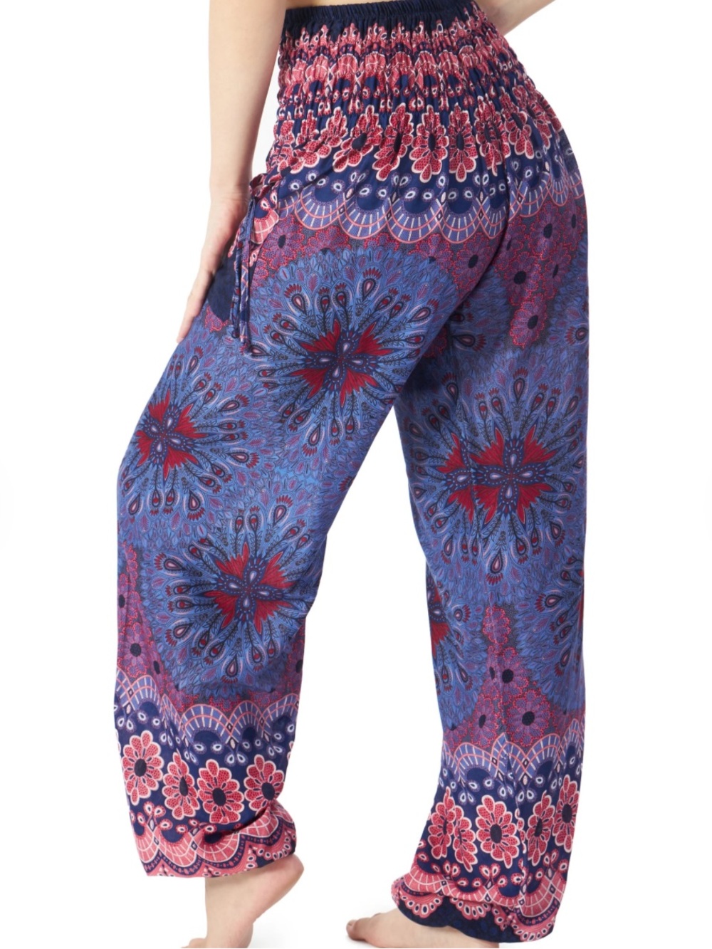 Dark Blue Flower Mandala Harem Pants: Rayon Smocked Waist Boho Trousers
